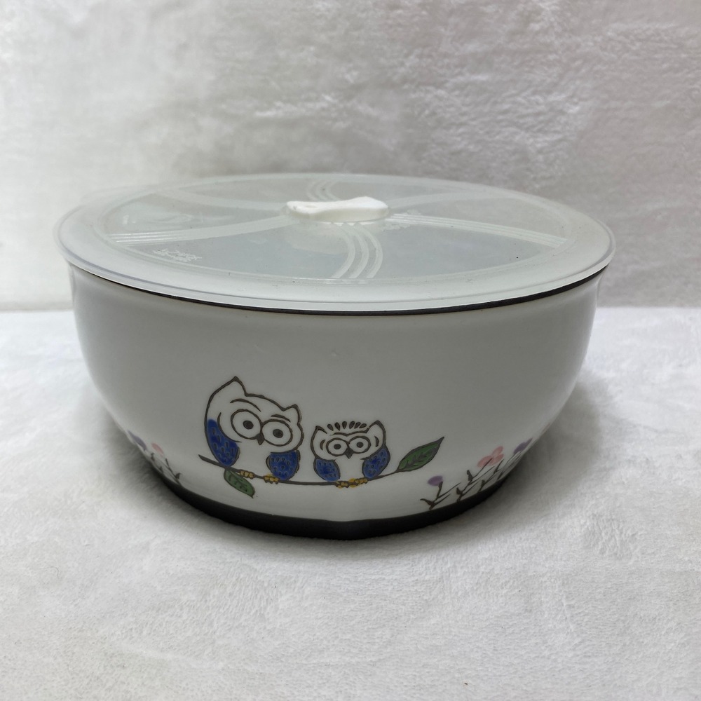 Yokohama Studio Hand Painted Ceramic Owl Food Storage Bowl Vented Lid White Blue